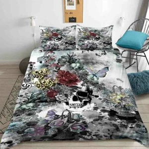 Flowers Grow From The Skull 3D Quilt Duvet Doona Cover Set Pillow case Print - Bild 1 von 3