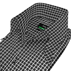 Camisa de hombre estilo celebridad con cuello alto abierto con lazo negra blanca a cuadros 100 % algodón - Imagen 1 de 13