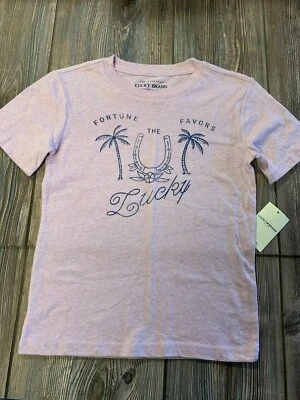 NWT Boys Lucky Brand Cute Light Pink Fortune Favors The Lucky Logo T-Shirt Sz 6 - Image 1 of 3