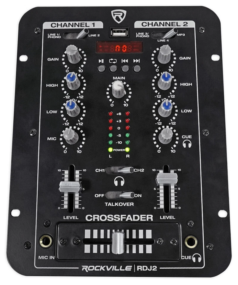 Rockville RDJ2 2 Channel DJ Mixer with USB, Cue Monitor, Talkover, 4 Line Inputs - Image 1 of 4