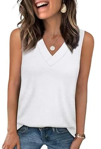 Womens Summer Loose Fit V Neck Tank Top Casual White T-Shirt Blouse M - Picture 1 of 5