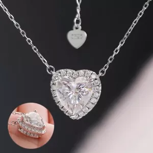 1-4ct Heart Cut Moissanite Halo Pendant Necklace Women 925 Sterling Silver Chain - Picture 1 of 16