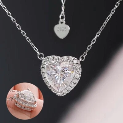 1-4ct Heart Cut Moissanite Halo Pendant Necklace Women 925 Sterling Silver Chain - Image 1 of 4