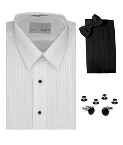 SLIM FIT. Men's Lay-Down Collar, Tuxedo Shirt with Black Cummerbund/Bow-tie set - Picture 1 of 1