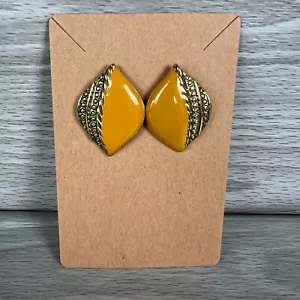 Vtg Earrings Stud Yellow Enamel Metal Statement Style Fashion Costume Jewelry - Picture 1 of 7