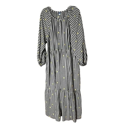 Old Navy Dress XXL Black White Gingham Daisy Embroidered Boho Midi Swing Peasant - Image 1 of 4