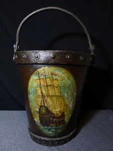 Cubo Cuero Antiguo 19 Siglo XIX De Feu Bomberos de Bomberos Pintura Barco Velero - Imagen 1 de 24
