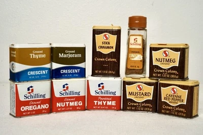 Vintage 1970’s 1980’s Spice Tins Schilling Crescent Crown Colony Lot Of 10 - Image 1 of 4