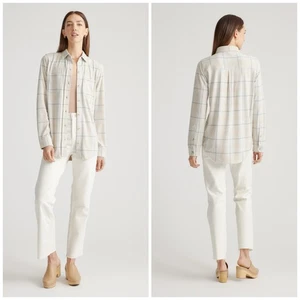 Quince Stretch Sweater Fleece Shirt Cream Gray Coral Plaid Flannel Size XS - Picture 1 of 10