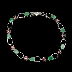 925 Sterling Silver Bracelet Oval Emerald Rhodolite Sapphire Jewelry 7.5 Inch - Picture 1 of 13