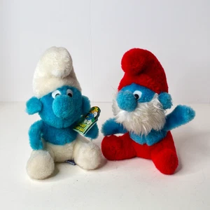 Vintage Lot of 2 Smurfs 80s PEYO Stuffed Plush Papa Smurf and Smurf w/ tag 8” - Picture 1 of 8