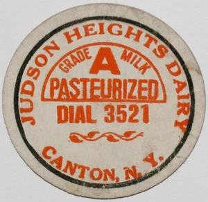 Tapa de botella de leche vintage esfera JUDSON HEIGHTS DAIRY 3521 Cantón Nueva York sin usar - Imagen 1 de 3