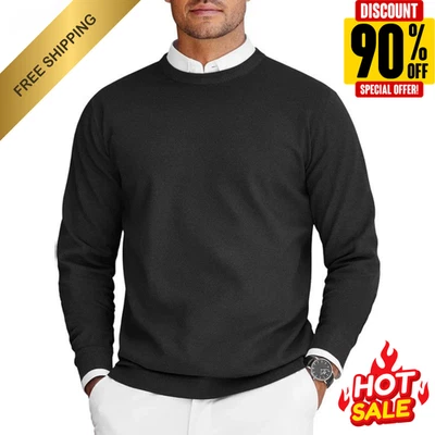 New Mens Crew Neck Sweaters Lightweight Knit Pullover Long Sleeve Dresswear Gift - Image 1 of 4