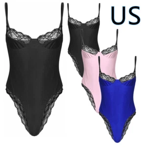 Lencería de satén para hombre Body Sissy Leotardo Sin mangas Travesti Ropa de dormir - Imagen 1 de 28