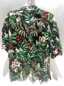 VTG Men's Cockatoo Bird Hawaiian Collared Black Button Up Size XL - Picture 1 of 4