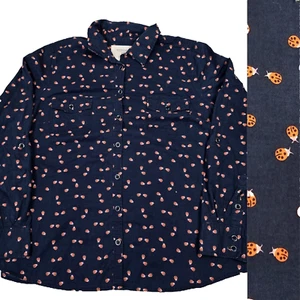Sonoma Ladybug Shirt Womens Extra Large Button Down Navy Blue Novelty Roll Tab - Picture 1 of 17