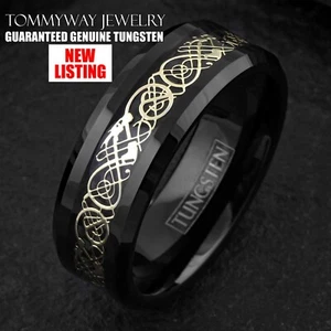 6/8mm Black Tungsten Carbide Men's Gold Plated Celtic Dragon Wedding Band Ring - Picture 1 of 9