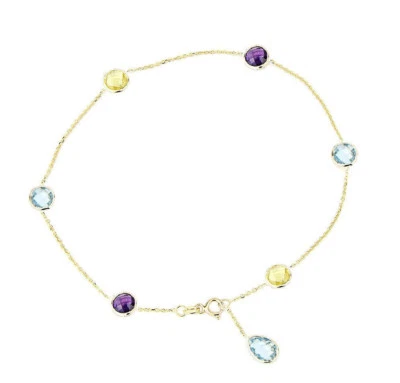 Tobillera de oro amarillo de 14K con topacio limón, amatista y topacio azul gota 11 pulgadas Foto 1 de 2