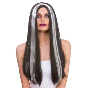 Long Black + Silver Streak Wig Ladies Halloween Morticia Fancy Dress - Picture 1 of 1