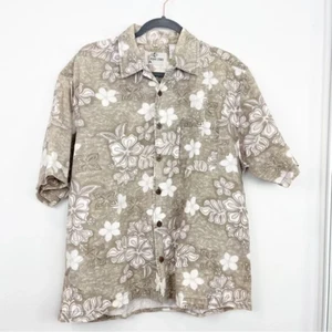 Point Zero Mens Vintage Tan Floral Hawaiian Short Sleeve Button Down Size Large - Picture 1 of 5