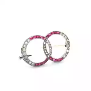 935 Silver With 2.20TCW Ruby & Sapphire Two Interlocking Circle Women's Brooch - Picture 1 of 9