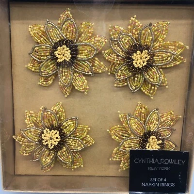 x4 Juego de anillos servilletas con cuentas de girasol Cynthia Rowley oro amarillo acción de gracias otoño Foto 1 de 4