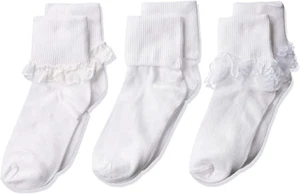 Jefferies Socks Big Girls Eyelet Lace/Turn Cuff/Fancy Lace Girls Socks 3 Pack - Picture 1 of 12
