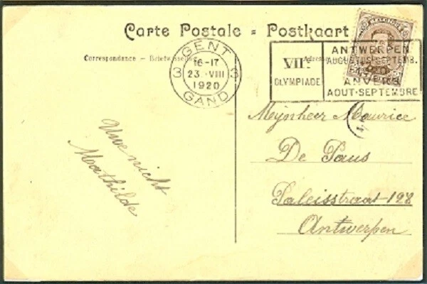 BELGIUM Olympic Games Antwerp 1920 postcard with Olympic cancel Gent 3 Gand - Image 1 of 1