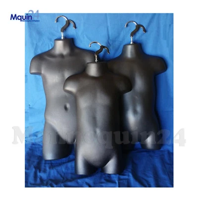 DISPLAYTOWN Kids Torso Dress Form Mannequin Set BLACK For Unisex Boys & Girls Hanging Body