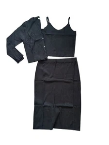 3 Piece Black Midi Skirt Set Tank Top Long Sleeve Cardigan Ribbed Comfy 3XL - Picture 1 of 9