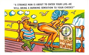 POSTCARD COMIC RISQUE GIRL BIG BOOBS STRANGE MAN BURNING SENSATION - Foto 1 di 2