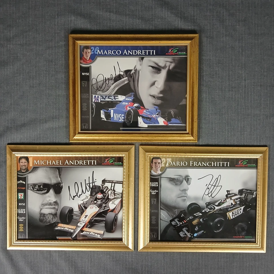 Juego de 3 fotografías firmadas de pilotos de Indy de F1 Andretti Franchitti autógrafo enmarcado Foto 1 de 4