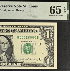 1988A $1 Federal Reserve Note PMG 65EPQ - Birthday Fancy Serial Number 00026000 - Picture 1 of 3