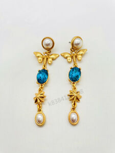 OSCAR DE LA RENTA Gold Plated Drop Butterfly Blue Crystal Pearl Stud Earrings 