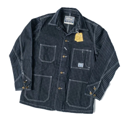 Chaqueta de ferrocarril para hombre Chaqueta a rayas Chaqueta de mezclilla Abrigo de trabajo Abrigo informal vintage Foto 1 de 4