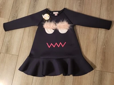 NWT! Halabaloo Girls Size 4 Scuba Fabric Monster Face Dress Navy Blue And Pink - Image 1 of 4