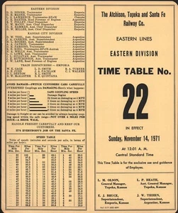 Atchison, Topeka & Santa Fe Railway Co. - Tabla de tiempos #22 - 14/11/1971 - 14 páginas - Imagen 1 de 2