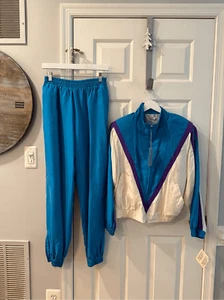 Vintage Silk Express 100% Seide Aqua Weiß & Lila Trainingsanzug Gr. S Neu mit Etikett - Bild 1 von 10
