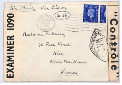 GB WW2 *DOUBLE CENSOR* Haslemere 2½d Cover OCCUPIED FRANCE via LISBON 1942 YL223 - Image 1 of 4