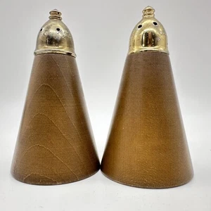 Vintage Mid Century Modern Wood Salt & Pepper Shakers Cone Shape Metal Tarnish - Picture 1 of 17
