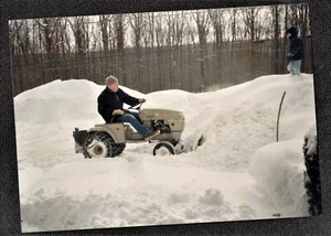 Vintage Photograph Little Boy w/ Man on Mower Plowing the Snow - Picture 1 of 2