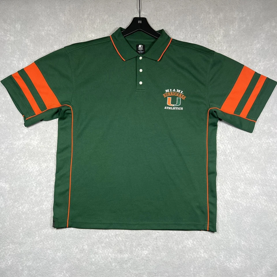 VINTAGE STARTER TAG POLO SHIRT MEN XL GREEN & ORANGE UNIVERSITY OF MIAMI NCAA - Image 1 of 4