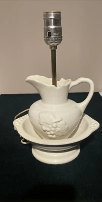 Vintage Lamp Pitcher Wash Bowl Basin Off White Grape Rustic Farmhouse Cottage - Image 1 of 4