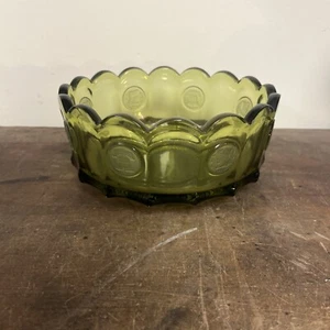 Fostoria Glass Co. MCM Round Bowl  Coin/ Liberty Bell  Glass Olive Green - Picture 1 of 8