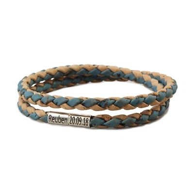 Pulsera de Corcho Personalizada - Cierre de Plata de Ley - Doble Envoltura 5mm Natural/Azul Foto 1 de 4