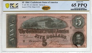T-69 PF-10 1864 $5 Confederate Paper Money - PCGS-B Gem Uncirculated 65 PPQ! - Picture 1 of 2