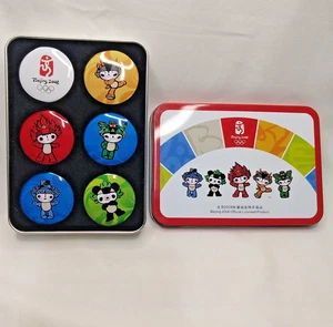 BEIJING OLYPMICS 2008 Button Set w/ Tin Box cute panda FUWA Chinese mascot - Picture 1 of 8