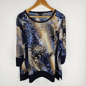 Maggie T Top Womens 22 Multicolour Abstract Print Navy Trim 3/4 Sleeve Stretch - Picture 1 of 7
