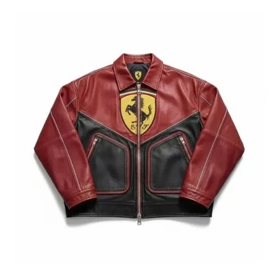 Ferrari Racing Team Leather Jacket Black Red Moto Style Embroidered Logoes - Image 1 of 3