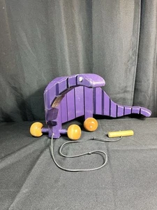 Dinosaur Pull Toy Vintage Handmade Articulated/ Acordian Purple Wooden Dino - Picture 1 of 13